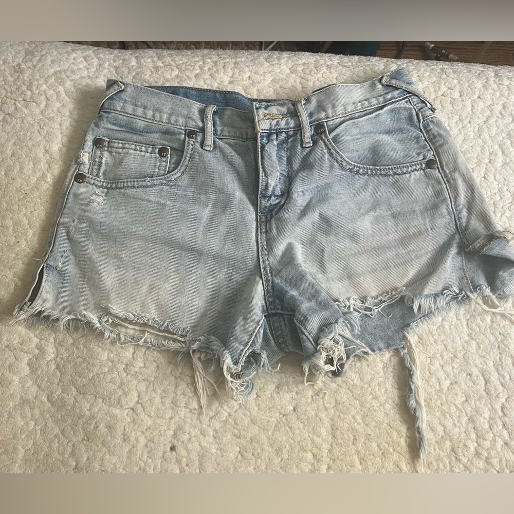 Free People Light Blue Frayed Jean Shorts
